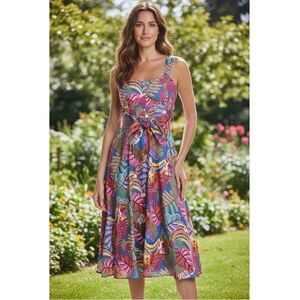 Tahari sleeveless midi dress with belt and pockets tropical print NEW 8